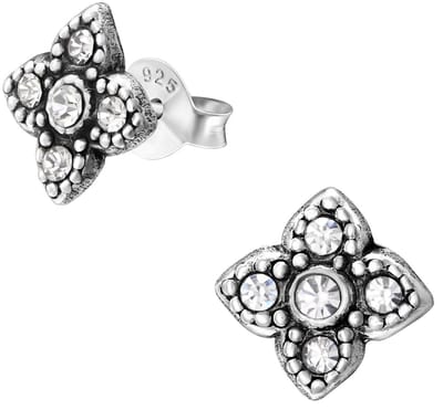 Joy|S - Zilveren Bali bloem oorbellen - 9 mm - kristal
