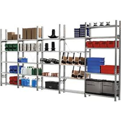 Legbordstelling R 3000, complete stelling 5,155 m, 1 basis- en 4 aanbouwsecties incl. 25 legborden, gegalvaniseerd, H 2278 x B 5155 x D 400 mm