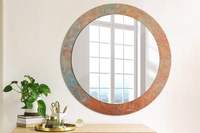 Wallfluent Bedrukte Ronde Spiegel - Ronde Spiegel Met Decoratie Roestig Metaal - 70 cm / 56 cm - Oranje - Oranje Ronde Spiegel Lijst Met Print - Woonkamerspiegel - Inloopkastspiegel - Hal - Glazen spiegel