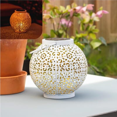 Solar Lantaarn Metaal | Rond | Wit | 20 x 17.5 cm | Buitenlamp Zonne Energie | Solar Tuinverlichting