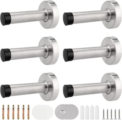 Set van 6 RVS Deurstoppers van 80mm met Rubberen Tips en Montagehardware, Wandgemonteerde Wedge Deurstoppers voor Thuis en Kantoor, Zilverkleurig