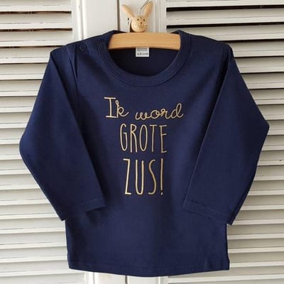 Shirt Ik word grote zus | lange mouw T-Shirt | blauw goud | maat 74 |big sis sister zwangerschap aankondiging bekendmaking Baby big sis sister