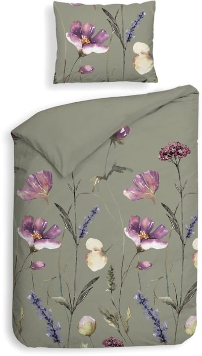 Heckettlane Dekbedovertrek Vico - Bedlinnen met Bloemen print - 140x200-220 cm - Groen - Dekbedovertrek van 100% Katoen-Flanel