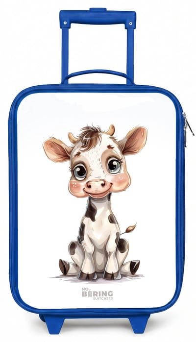 NoBoringSuitcases.com® - Kinderkoffer blauw - Kindertrolley jongen - Baby koe - Koffer kind lichtgewicht - Reiskoffer trolley voor kinderen - Koffertje met lichtgevende wieltjes - Rolkoffer