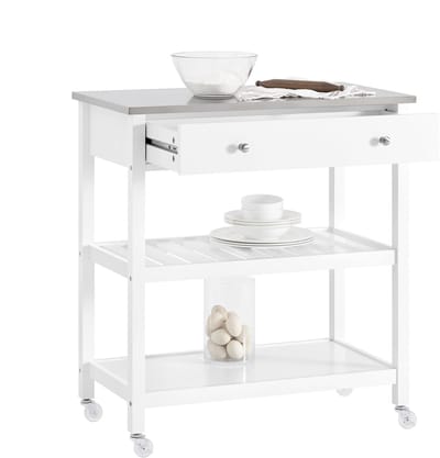 SoBuy Keukentrolley op wielen, kookeiland met roestvrijstalen blad, lades en open planken, serveerwagen en opbergmeubel voor keuken, woonkamer, tuin, 81x90x45cm FKW47-II-W