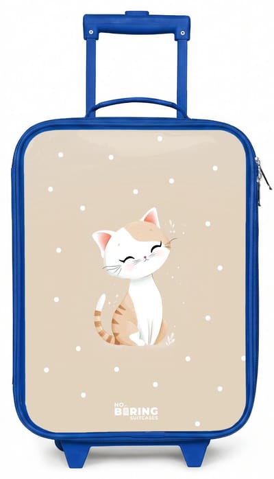 NoBoringSuitcases.com® - Kinderkoffer blauw - Kindertrolley jongen - Kat omringd door beige stippen - Koffer kind lichtgewicht - Reiskoffer trolley voor kinderen - Koffertje met lichtgevende wieltjes - Rolkoffer