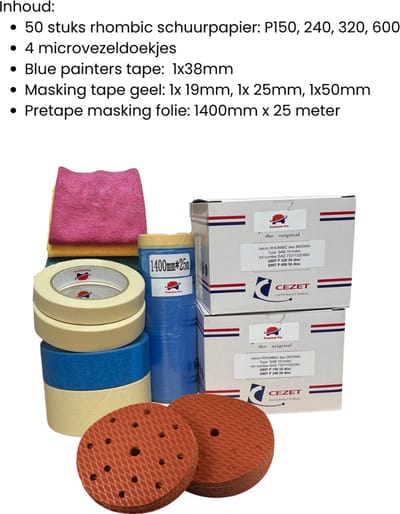 Complete Schuur- en Afplakset –4x 50disc Rhombic Schuurpapier + 4 Doekjes + masking tape, blue painters tape afplaktape - schildertape + 1400mm Masking Folie – Voor Auto & Meubelklussen