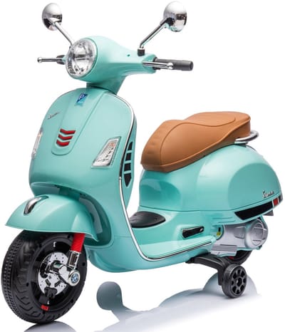 Vespa Elektrische Kinderscooter, kindermotorfiets met plastic wielen en stoel, MP3-speler, USD MicroSD AUX-aansluiting (Turkoois - zonder kistje)
