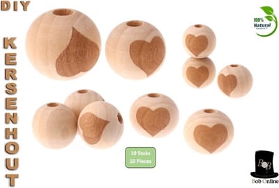Bob Online ™ – 10 Stuks 20mm Ronde Hart Laser Gegraveerd Houten Kralen – ca. 5mm Gaatje - Ronde Houten Kralen - Kralen Rijgen - Sieraden Houten Kralen - Macramé Kralen - Decoratie Houten Kralen – Round Laser Engraved Heart Cherry Wood Beads