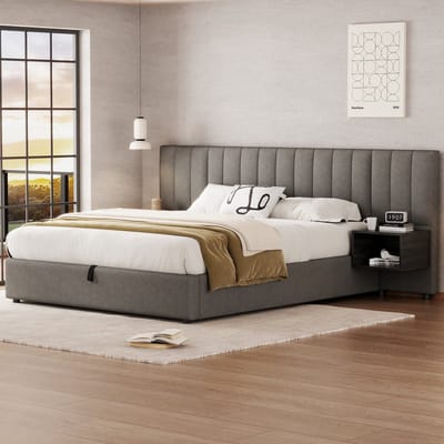 160 x 200 cm gestoffeerd bed - brede nachtkastjes met opbergruimte - linnen - zonder matras - grijs en zwart