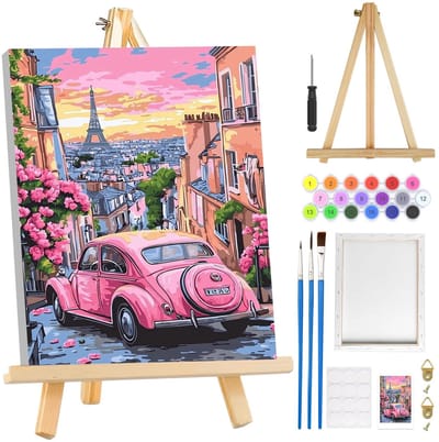 Dailygoods- Schilderen op Nummer - Roze Autolak voor Volwassenen - Schilderen met Frame - Doe-Het-Zelf Kunst - 20 x 1 Voorbedrukt Canvas - Inclusief Houten Ezel - Verfset