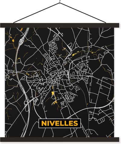 Posterhanger incl. Poster 60x60 cm - Schoolplaat - Nivelles - Plattegrond - Kaart - Goud - Stadskaart - Textielposter - Zwarte latten - Stadskaart