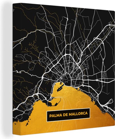 Canvas Schilderij Mallorca - Stadskaart - Plattegrond - Goud - Kaart - 20x20 cm - Wanddecoratie