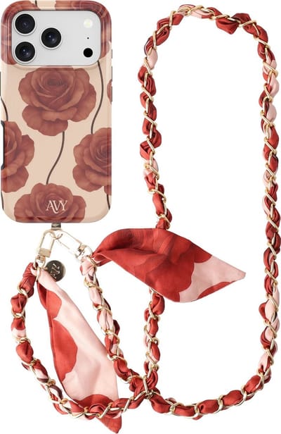 AVY Hoesje Met Telefoonkoord | Geschikt voor Apple iPhone 17 Pro | Compatibel met MagSafe & Qi2 | Hard Shell Back Cover | Stijlvol Bijpassend Koord Crossbody (120CM) | Botanique Roses