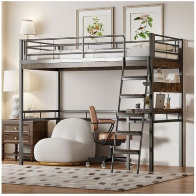 Verhoogd bed - MUVOE - 90x200cm - Zwart - Geïntegreerd bureau - Opbergplanken zwart