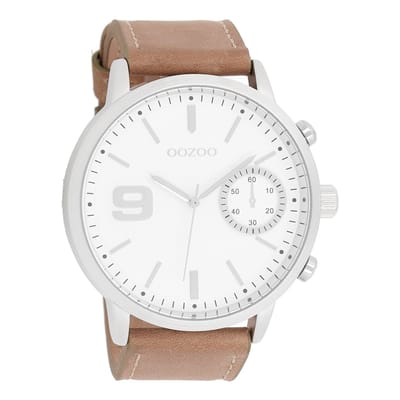 OOZOO Timepieces - Zilverkleurige horloge met bruine leren band - C8580