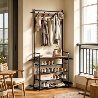 Clruro Kapstok - 80 × 190 × 30 cm - met Haken - met Schoenenopslag - Verstelbaar - MFC-plaat + Metaal
