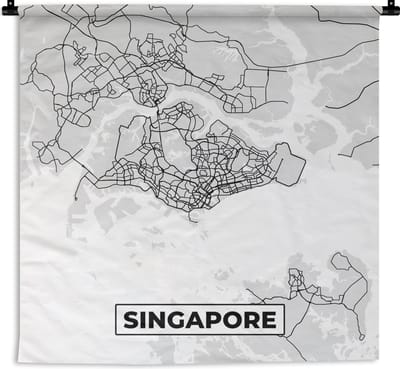 Wandkleed - Wanddoek - Singapore - Plattegrond - Stadskaart - Zwart Wit - Kaart - 180x180 cm - Wandtapijt