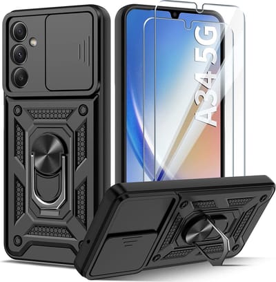 Hoesje Geschikt Voor Samsung Galaxy A34 hoesje Zwart met Ring Houder en camera bescherming - Galaxy A34 Screenprotector - 2 stuks
