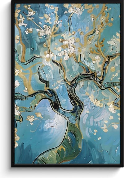 Poster in lijst - Fotolijst 80x120 cm - Posters - Amandelbloesem boom - Blauw - Abstract - Posterlijst zwart - Decoratie - Wanddecoratie woonkamer - Muurdecoratie slaapkamer