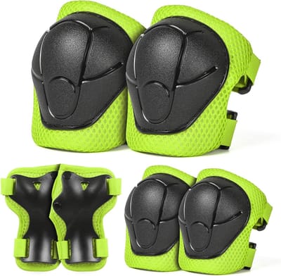 Lichtgroene 6-delige Kinder Sportbeschermset, 2 kniebeschermers + 2 elleboogbeschermers + 2 handpalmbeschermers, PE hardkap en ademend gaas voor skeeleren, skateboard en kinderfiets