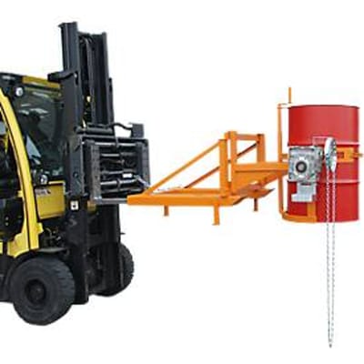 Vatkipper Bauer type FD/L, voor vaten van 110 tot 220 l, 360 kg, 270° kippen, met eindeloze ketting, vorkheftruckbevestiging, geel-oranje RAL 2000