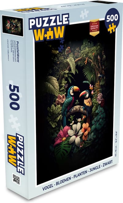 Puzzel Vogel - Bloemen - Planten - Jungle - Zwart - Toekan - Legpuzzel - Puzzel 500 stukjes