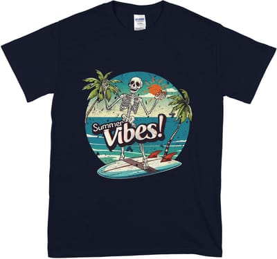 Dames en Heren T-shirt – Grappig Zomer Summer Vibes Skelet - Retro Grunge – Blauw – S