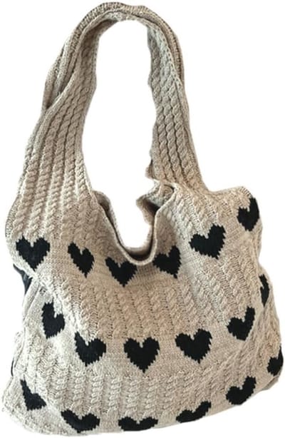 Crochet Tote Bag met Hartpatroon - Herbruikbare Gehaakte Strandtas voor Vrouwen, Boho Stijl, Ideaal voor Vakantie en Dagelijks Gebruik, Khaki, 36x30x1 cm