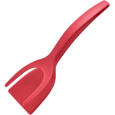 2 en 1 Pelle Pince de Cuisine Ustensiles de Cuisine Barbecue Manche en Silicone Pince à Retourner les Œufs Spatule Pince à Steak Retourneur à Crêpes Outils de Cuisine rouge