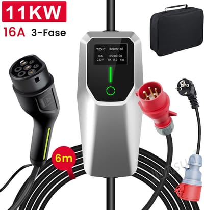 Hexinex Draagbare 11kW 16A 6M 3-Fase EV Laadkabel - Type 2 Laadpaal ,LCD Scherm, Schakelbare stroom, 1* Adapter - IEC62196-2 & IP67