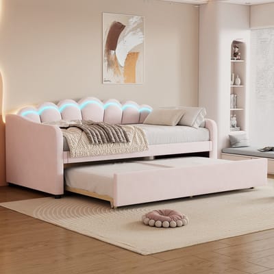 MEUNIQ Slaapbank 90x200 cm met uitschuifbed 90x190 cm, LED-verlichting en afstandsbediening, fluwelen dagbed met lattenbodem voor slaapkamer, roze