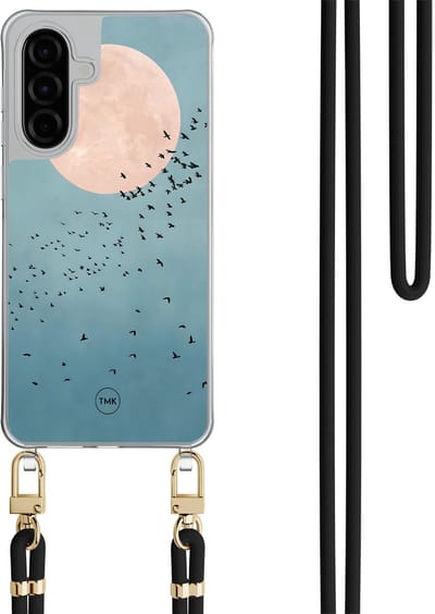 Telefoonhoesje met koord geschikt voor Samsung A36 - Moon birds - Inclusief Zwart koord - Transparant, Blauw - Print - Crossbody beschermhoes - Met Telefoonketting