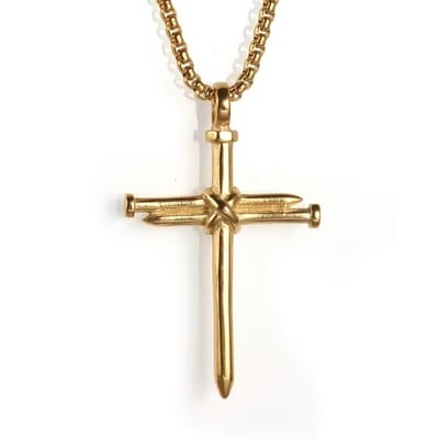 Goudkleurige kruis hanger ketting voor heren – schakelketting met spijker design