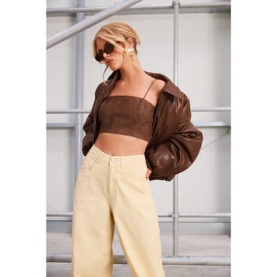 boohoo Dames Gewassen kunstleren crop top met bandjes | Chocoladebruin | Maat: 42