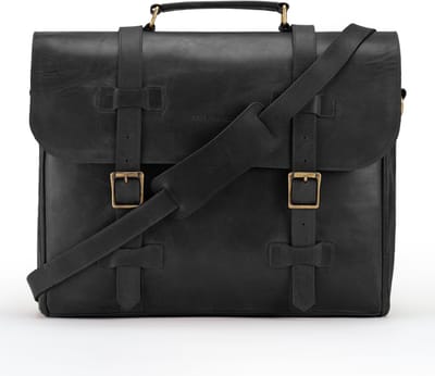 DE LAMASSU® Bastien Leren Aktetas 17 inch – Unisex Business Laptoptas van Volnerf Rundleer – Vintage Werktas met Dubbele Gesp