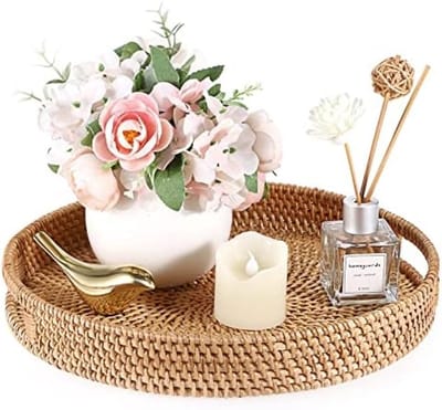 PromoHome Rieten Mand 30 cm Rond Decoratieve Fruitmand met Handvatten voor Keuken, Eetkamer en Woonkamer - Witte Rotan Opbergmand voor Brood, Levensmiddelen en Decoratie