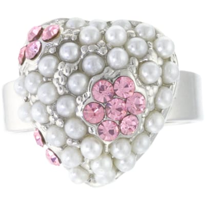 Behave - Ring - Verstelbare Hartvormige Ring – Zilverkleurig met Parelaccenten en Roze Kristallen – Romantisch & Elegant