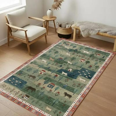 Tapis Lavable Thème Ferme Vintage Chevaux Canards Arbres et Maisons de Ferme Tons Vert et Terracotta Coton Tapis Antidérapants 40x60cm