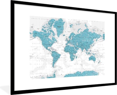 Poster in lijst - Fotolijst 90x60 cm - Posters - Wereldkaart - Blauw - Topografie - Posterlijst zwart - Decoratie - Wanddecoratie woonkamer - Muurdecoratie slaapkamer