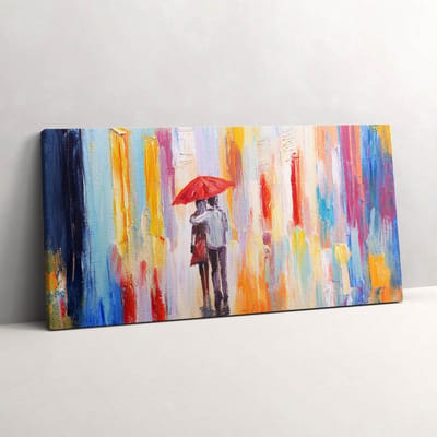 Wallfluent Foto Op Canvas Abstract concept van de wereld - koppel in de regen - 100 x 50 cm - Veelkleurig Schilderijen Op Canvas Doek - Liefde Canvas Doek Foto - Imitatie van een olieverfschilderij Print Van Doek - Liefde Canvas Schilderij