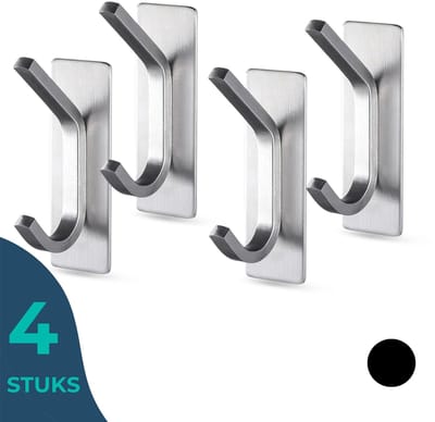 BUDDLEY Zelfklevende Kapstokhaken - Ophanghaken - Wandhaak - Plakhaak - Plakhaken - Zelfklevend - Muur - Kapstok - Haken - Muurhaken - Set Van 4 Stuks - Incl. Plakstrip - RVS