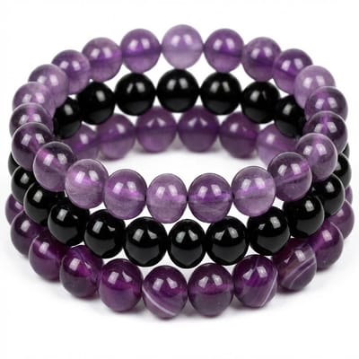 Paars zwart kralen armband set voor dames en heren – elastische armband van steen – 3 stuks