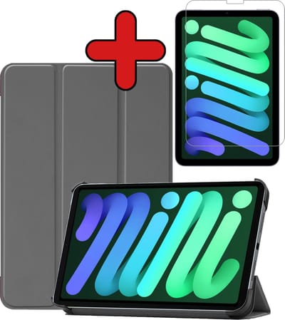 Hoesje Geschikt voor Apple iPad Mini 6 (2021) - 8.3 inch - 6e Generatie - Met Screenprotector - Trifold Bookcase - Hard Cover - Hardcover Book Case - Tablet Hoes - Grijs