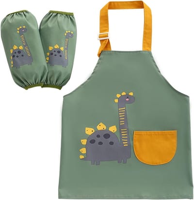 Waterdichte Kinderschort voor Koken en Schilderen - Geschikt voor Kinderen van 6 tot 9 Jaar met Zakjes voor Creatieve Activiteiten, Bakken en Koken in Groen met Dinosaurusprint