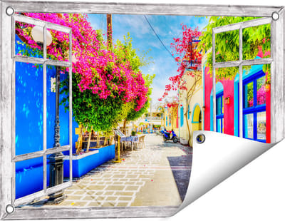 Gards Tuinposter Doorkijk Kleurrijke Straat op het Eiland Kos, Griekenland - 60x40 cm - Tuindoek - Tuindecoratie - Wanddecoratie buiten - Tuinschilderij