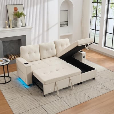 BLACKCOLORS Bank 208 x 146 x 89,5 cm, driezits slaapbank, slaapbank met verborgen opbergruimte, sfeerbank met led-lichtstrip, hoekbank Treviso, L-bank, beige
