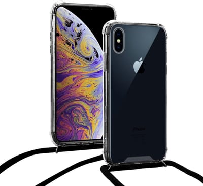 ShieldCase Shock hoesje met koord geschikt voor iPhone Xs Max - Telefoonhoesje met koord - Telefoonkoord - Zwarte ketting met Shockbestendige Transparante case