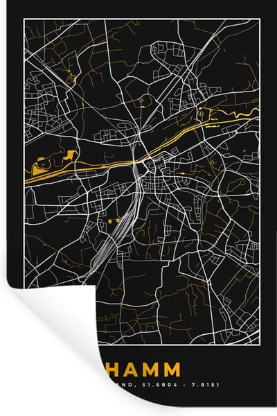 Muurstickers - Sticker Folie - Black and Gold – Stadskaart – Hamm – Duitsland – Plattegrond – Kaart - 20x30 cm - Plakfolie - Muurstickers Kinderkamer - Zelfklevend Behang - Zelfklevend behangpapier - Stickerfolie