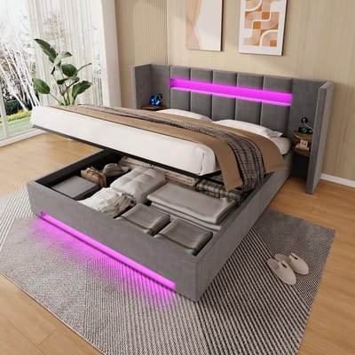 MODFU Bedframe Met Breed Hoofdbord, USB, Opbergkasten, Hydraulische Opbergruimte En Ledverlichting - Donkergrijs - 160x200 Cm